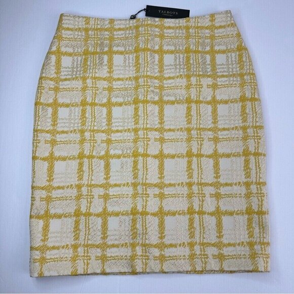 Talbots Women's NWT Yellow White Y2K Metallic Plaid Jacquard Pencil Skirt 6P/W30 - Picture 7 of 13